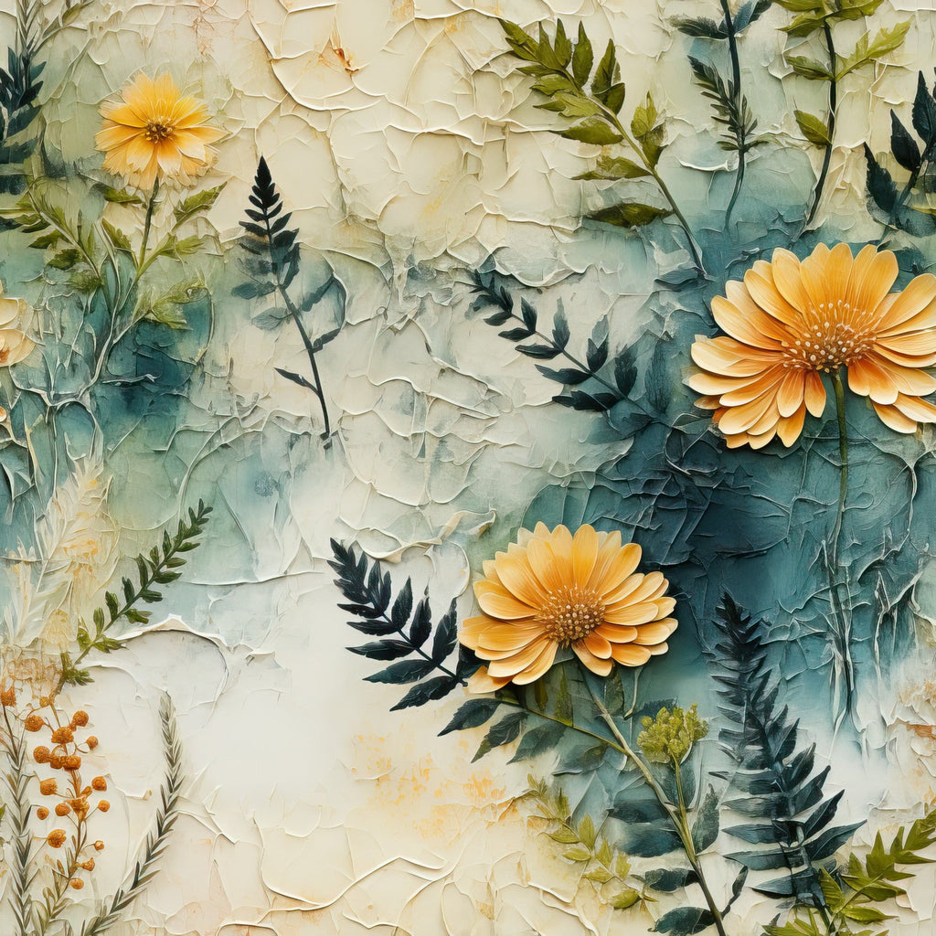 orange flowers, golden blooms, teal background, sage green, cream colors, botanical pattern, floral design, textured surface, watercolor style, ferns, leaves, foliage, nature motif,, fabric panel, autumn theme, tropical plants, layered petals, organic shapes, artistic rendering