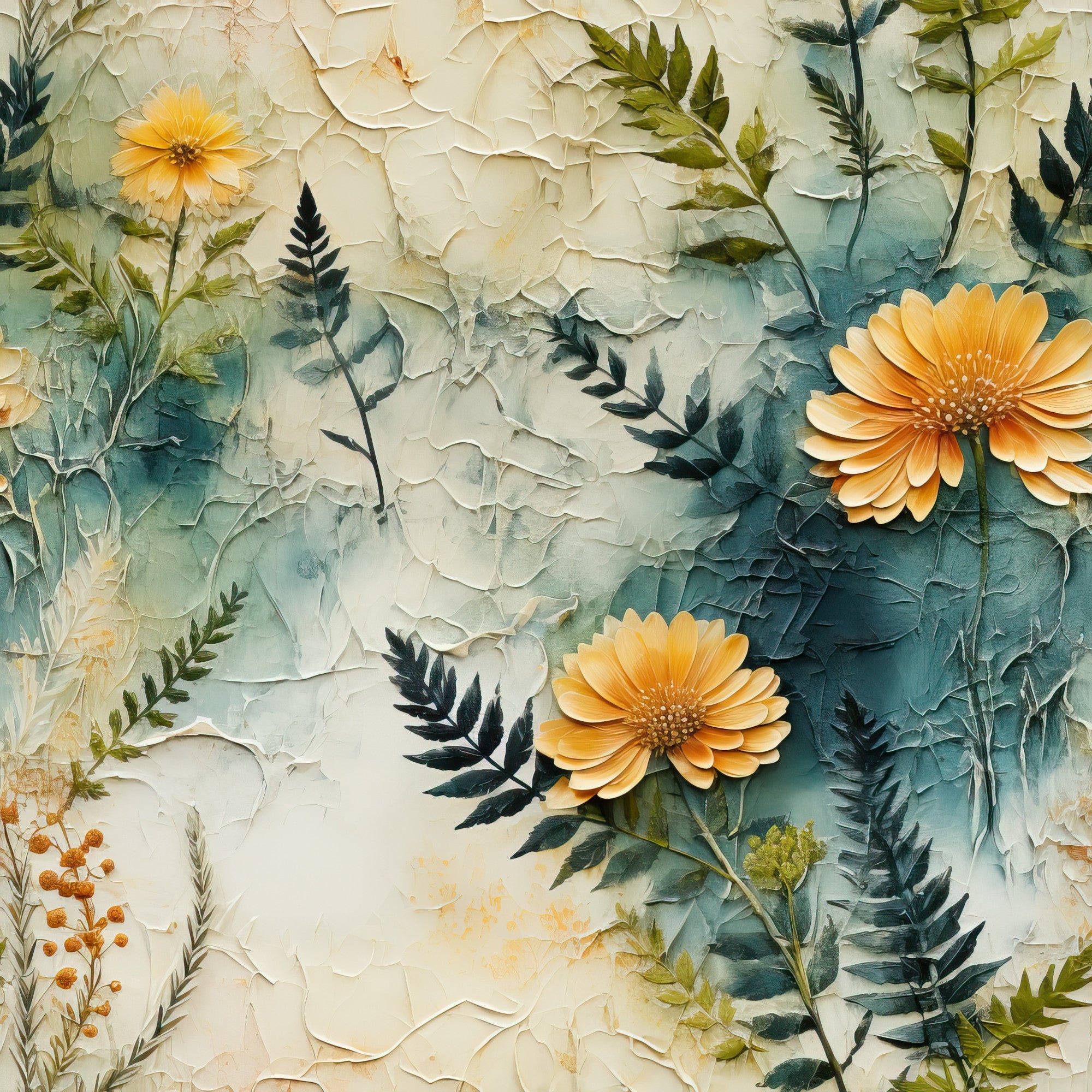 orange flowers, golden blooms, teal background, sage green, cream colors, botanical pattern, floral design, textured surface, watercolor style, ferns, leaves, foliage, nature motif,, fabric panel, autumn theme, tropical plants, layered petals, organic shapes, artistic rendering