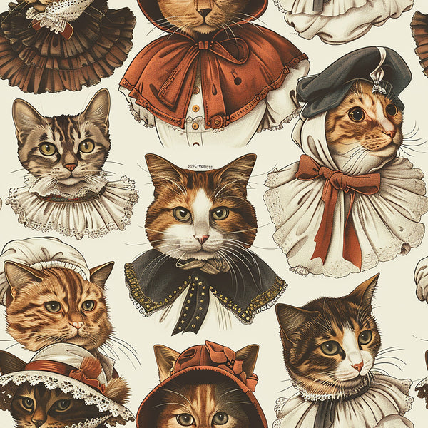 victorian cats,, fabric panel, vintage felines, period costumes, ornate clothing, lace collars, ruffled bonnets, tabby cats, orange cats, brown cats, cream background, detailed illustrations, whimsical animals, decorative bows, elaborate hats, anthropomorphic cats, nostalgic artwork, intricate patterns, muted earth tones
