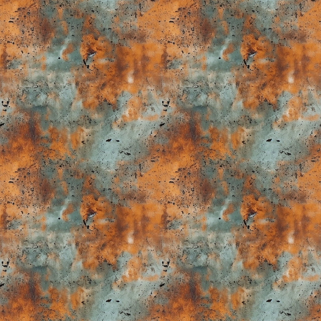 rust orange, teal green, weathered metal, oxidized surface, corrosion pattern, industrial texture, distressed finish, metal patina, grunge aesthetic, abstract design,, fabric panel, aged metal, copper tones, verdigris, textural pattern, seamless repeat, oxidation effect, metallic appearance