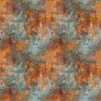 rust orange, teal green, weathered metal, oxidized surface, corrosion pattern, industrial texture, distressed finish, metal patina, grunge aesthetic, abstract design,, fabric panel, aged metal, copper tones, verdigris, textural pattern, seamless repeat, oxidation effect, metallic appearance