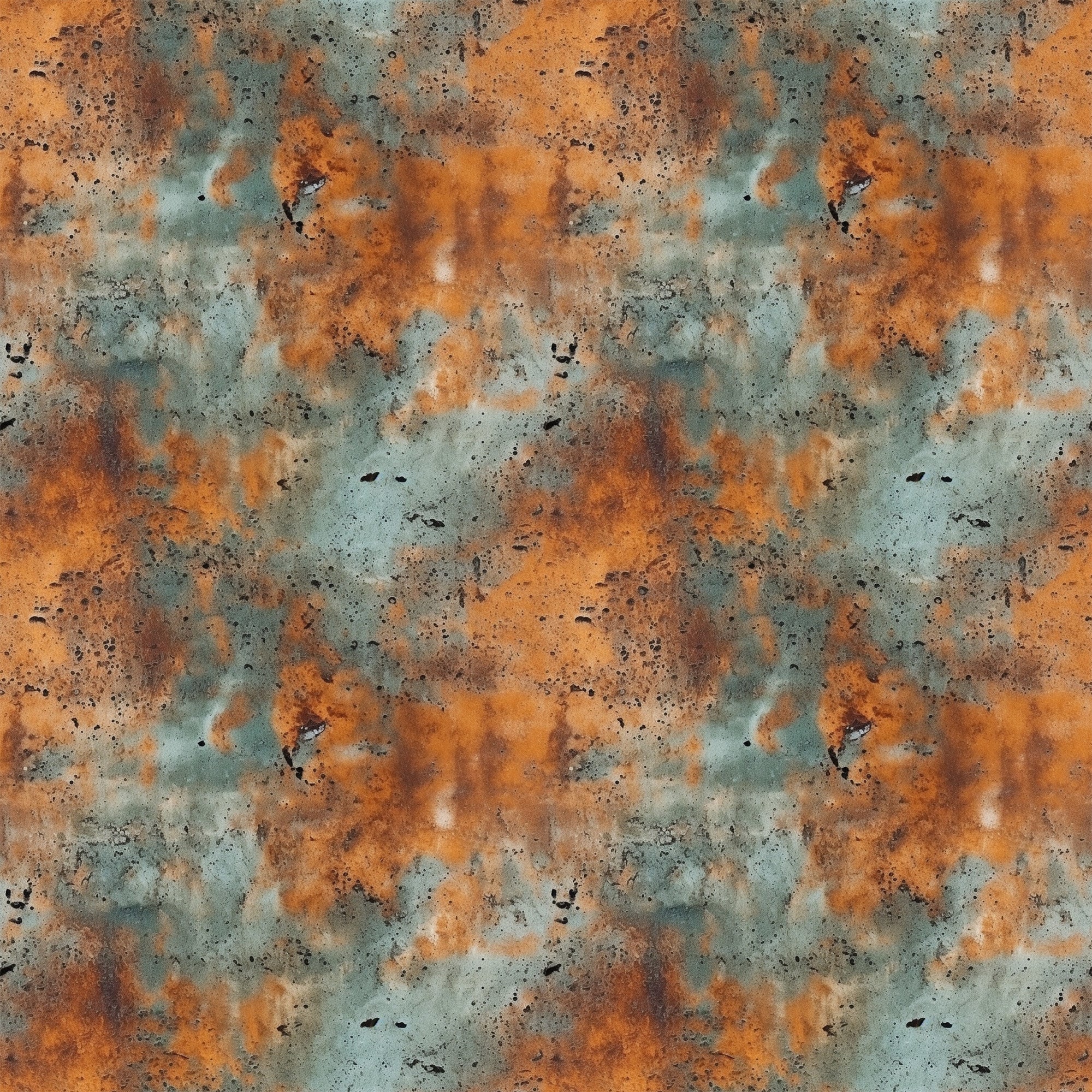 rust orange, teal green, weathered metal, oxidized surface, corrosion pattern, industrial texture, distressed finish, metal patina, grunge aesthetic, abstract design,, fabric panel, aged metal, copper tones, verdigris, textural pattern, seamless repeat, oxidation effect, metallic appearance