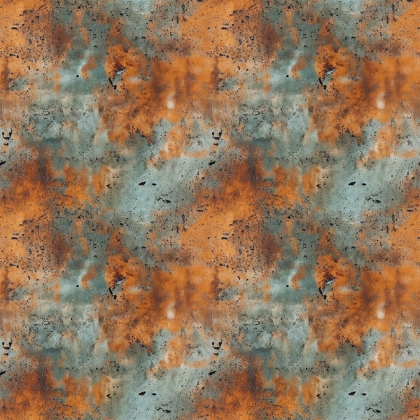 rust orange, teal green, weathered metal, oxidized surface, corrosion pattern, industrial texture, distressed finish, metal patina, grunge aesthetic, abstract design,, fabric panel, aged metal, copper tones, verdigris, textural pattern, seamless repeat, oxidation effect, metallic appearance