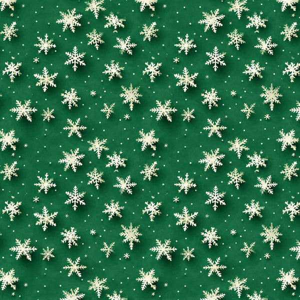 forest green, cream, white, snowflakes, winter, christmas, holiday, snow, festive, seasonal, elegant, traditional, cozy, cold weather, frozen, icy, crystalline, geometric, repeating pattern, winter wonderland, christmas decor, holiday themed, wintery, sparkly, delicate, detailed, festive spirit, seasonal celebration