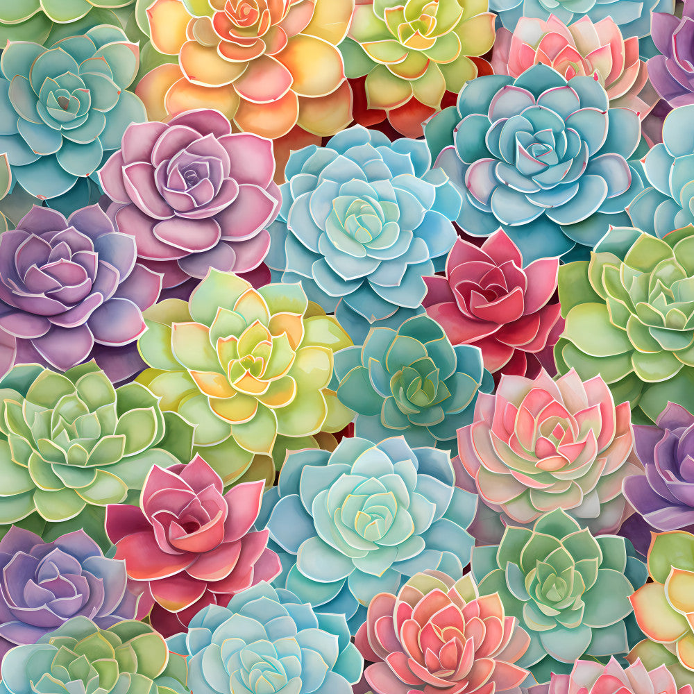 succulent flowers, pastel colors, soft pink, dusty rose, coral pink, sage green, mint green, teal blue, lavender purple, peachy orange, botanical, floral pattern, nature theme, layered petals, whimsical style, bohemian, spring collection, garden flowers, hand-painted effect, dimensional flowers, colorful succulents, nursery decor, kids room, playroom, modern botanical, artistic flowers, gradient colors, soft palette, cheerful design