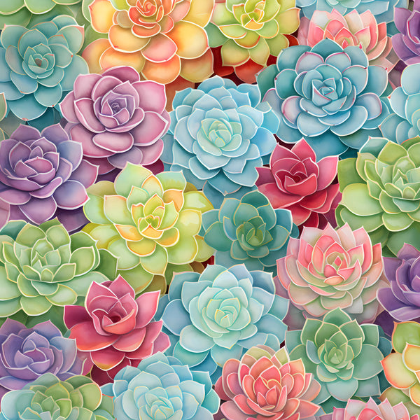 succulent flowers, pastel colors, soft pink, dusty rose, coral pink, sage green, mint green, teal blue, lavender purple, peachy orange, botanical, floral pattern, nature theme, layered petals, whimsical style, bohemian, spring collection, garden flowers, hand-painted effect, dimensional flowers, colorful succulents, nursery decor, kids room, playroom, modern botanical, artistic flowers, gradient colors, soft palette, cheerful design