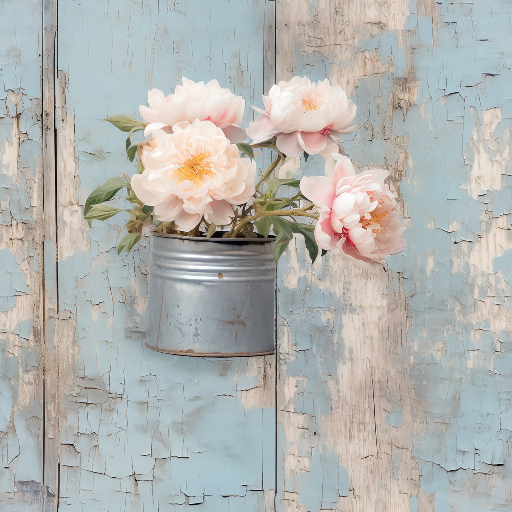 pale pink, soft peach, sage green, powder blue, weathered white, rustic wood, peonies, floral bouquet, vintage tin can, shabby chic, distressed paint, cottage style, romantic florals,, fabric panel, spring flowers, farmhouse aesthetic, pastel colors, botanical design, delicate petals