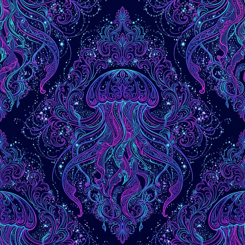 neon purple, magenta, cyan blue, navy blue, electric blue, glowing colors, jewel tones, ornate, damask, baroque, paisley, medallion, mandala, celestial, mystical, cosmic, sparkle, glitter effect, stars, ornamental, elegant, luxurious, bohemian, whimsical, magical, fantasy, enchanted, dark academia, sophisticated, dramatic