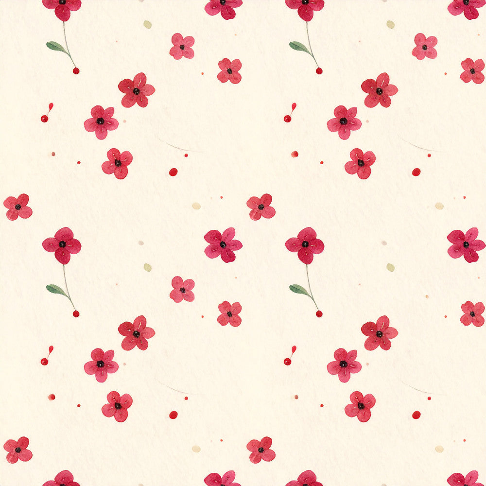 coral pink, hot pink, red, cream, ivory, floral, botanical, flowers, nature, spring, summer, delicate, whimsical, romantic, feminine, modern, watercolor, painted flowers, four-petaled flowers, scattered florals, light background, soft, gentle, nursery, baby room, kids room, decorative, artistic, vintage inspired, cute