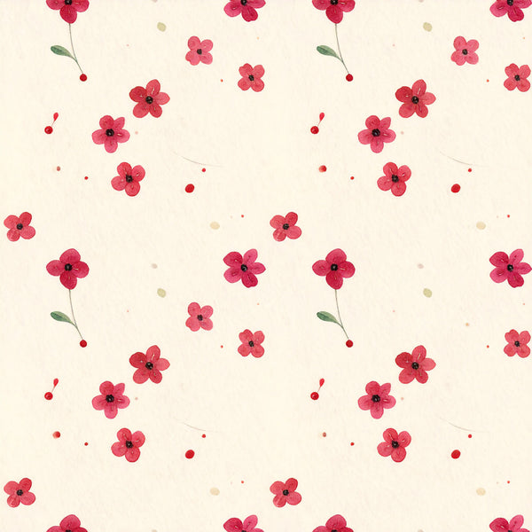 coral pink, hot pink, red, cream, ivory, floral, botanical, flowers, nature, spring, summer, delicate, whimsical, romantic, feminine, modern, watercolor, painted flowers, four-petaled flowers, scattered florals, light background, soft, gentle, nursery, baby room, kids room, decorative, artistic, vintage inspired, cute