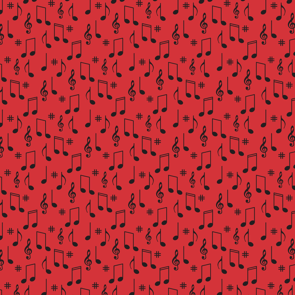red background, black musical notes, treble clef, sharp symbols, music notes, scattered pattern,, fabric panel, retro style, 1950s inspired, diner theme, musical symbols, repeating motif, vibrant red, contrasting colors, nostalgic design, mid-century modern, music themed, geometric arrangement