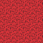 red background, black musical notes, treble clef, sharp symbols, music notes, scattered pattern,, fabric panel, retro style, 1950s inspired, diner theme, musical symbols, repeating motif, vibrant red, contrasting colors, nostalgic design, mid-century modern, music themed, geometric arrangement