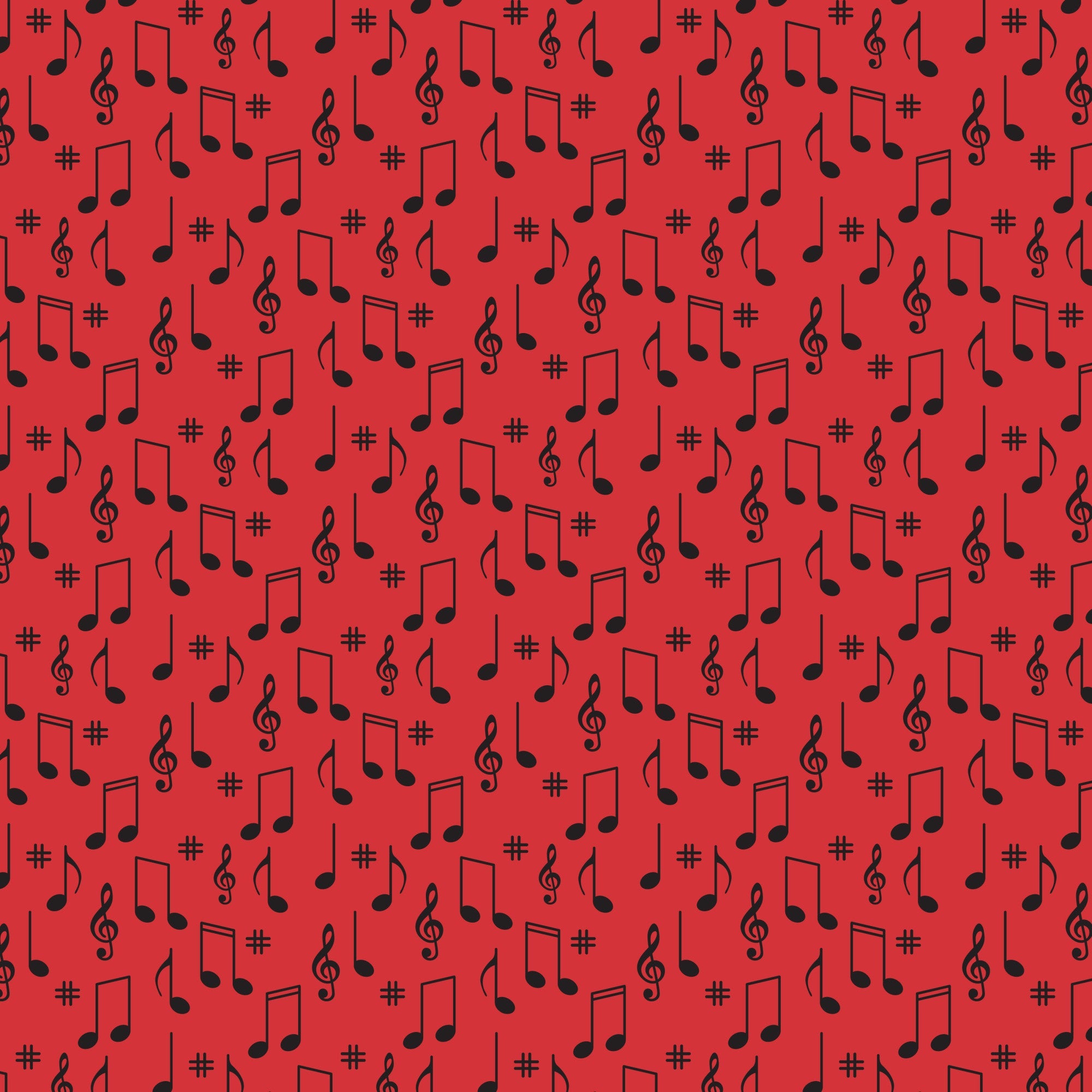 red background, black musical notes, treble clef, sharp symbols, music notes, scattered pattern,, fabric panel, retro style, 1950s inspired, diner theme, musical symbols, repeating motif, vibrant red, contrasting colors, nostalgic design, mid-century modern, music themed, geometric arrangement