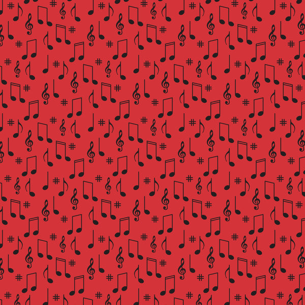 red background, black musical notes, treble clef, sharp symbols, music notes, scattered pattern,, fabric panel, retro style, 1950s inspired, diner theme, musical symbols, repeating motif, vibrant red, contrasting colors, nostalgic design, mid-century modern, music themed, geometric arrangement