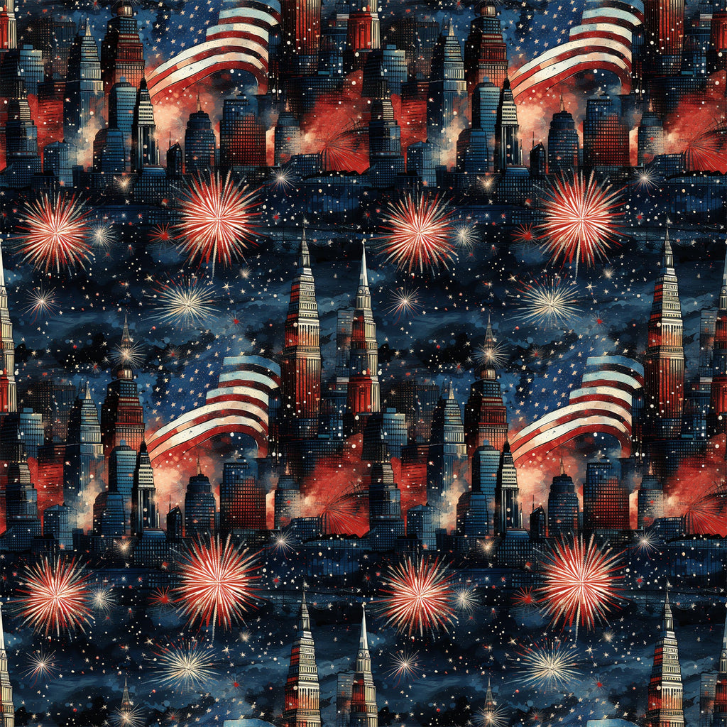 navy blue, red, white, fireworks, city skyline, american flag, stars, patriotic, grunge,, fabric panel, fourth of july, independence day, nighttime scene, urban buildings, celebration, repeating pattern, starry sky, red white blue, holiday themed