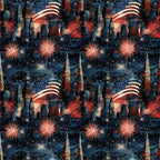 navy blue, red, white, fireworks, city skyline, american flag, stars, patriotic, grunge,, fabric panel, fourth of july, independence day, nighttime scene, urban buildings, celebration, repeating pattern, starry sky, red white blue, holiday themed