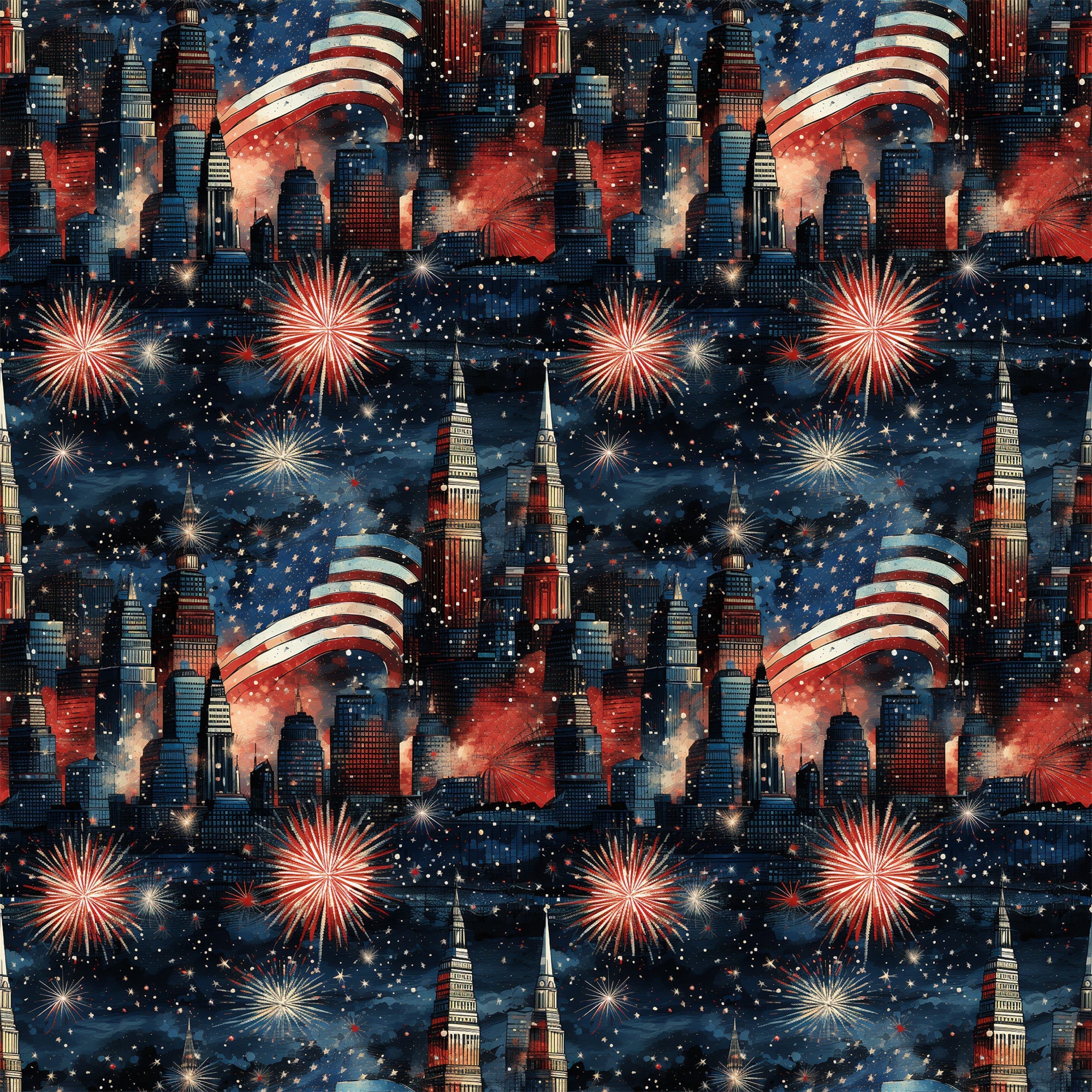 navy blue, red, white, fireworks, city skyline, american flag, stars, patriotic, grunge,, fabric panel, fourth of july, independence day, nighttime scene, urban buildings, celebration, repeating pattern, starry sky, red white blue, holiday themed