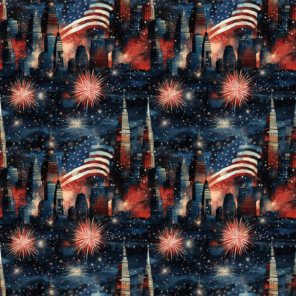 navy blue, red, white, fireworks, city skyline, american flag, stars, patriotic, grunge,, fabric panel, fourth of july, independence day, nighttime scene, urban buildings, celebration, repeating pattern, starry sky, red white blue, holiday themed