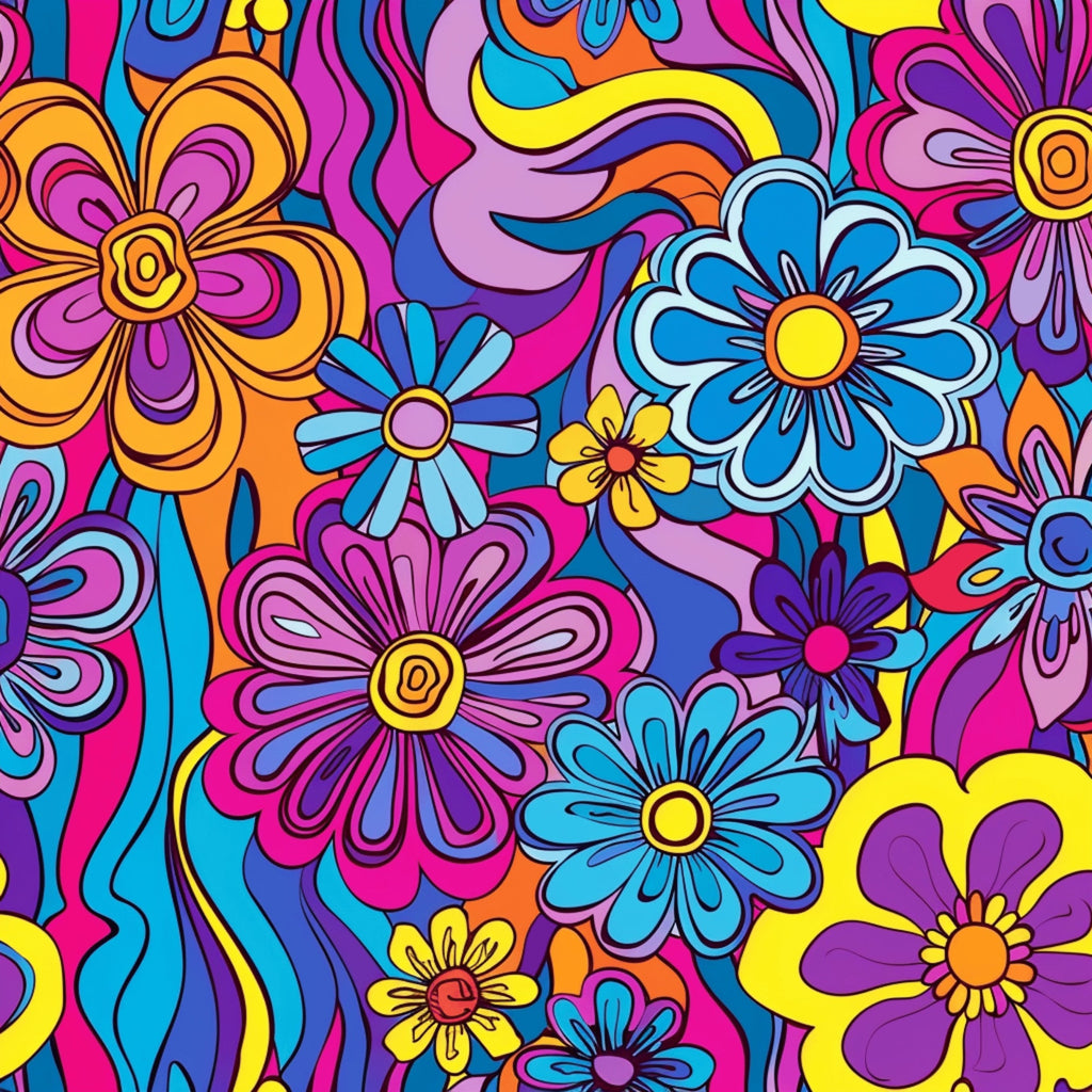rainbow colors, hippie flowers, psychedelic pattern, groovy design, flower power, vibrant pink, bright blue, sunny yellow, orange petals, purple blooms, swirling motifs, retro style, 1960s inspired, bohemian art,, fabric panel, floral motifs, colorful daisies, peace and love, flower children