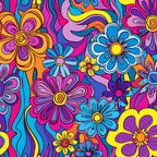 rainbow colors, hippie flowers, psychedelic pattern, groovy design, flower power, vibrant pink, bright blue, sunny yellow, orange petals, purple blooms, swirling motifs, retro style, 1960s inspired, bohemian art,, fabric panel, floral motifs, colorful daisies, peace and love, flower children