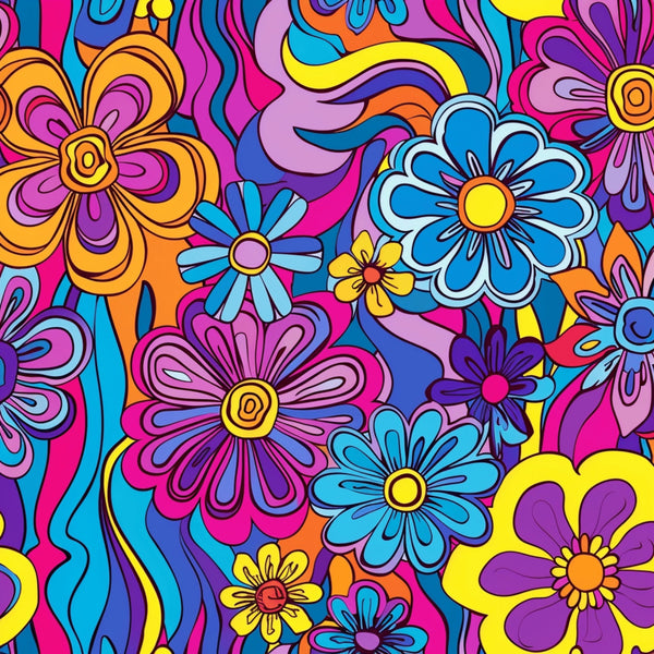 rainbow colors, hippie flowers, psychedelic pattern, groovy design, flower power, vibrant pink, bright blue, sunny yellow, orange petals, purple blooms, swirling motifs, retro style, 1960s inspired, bohemian art,, fabric panel, floral motifs, colorful daisies, peace and love, flower children