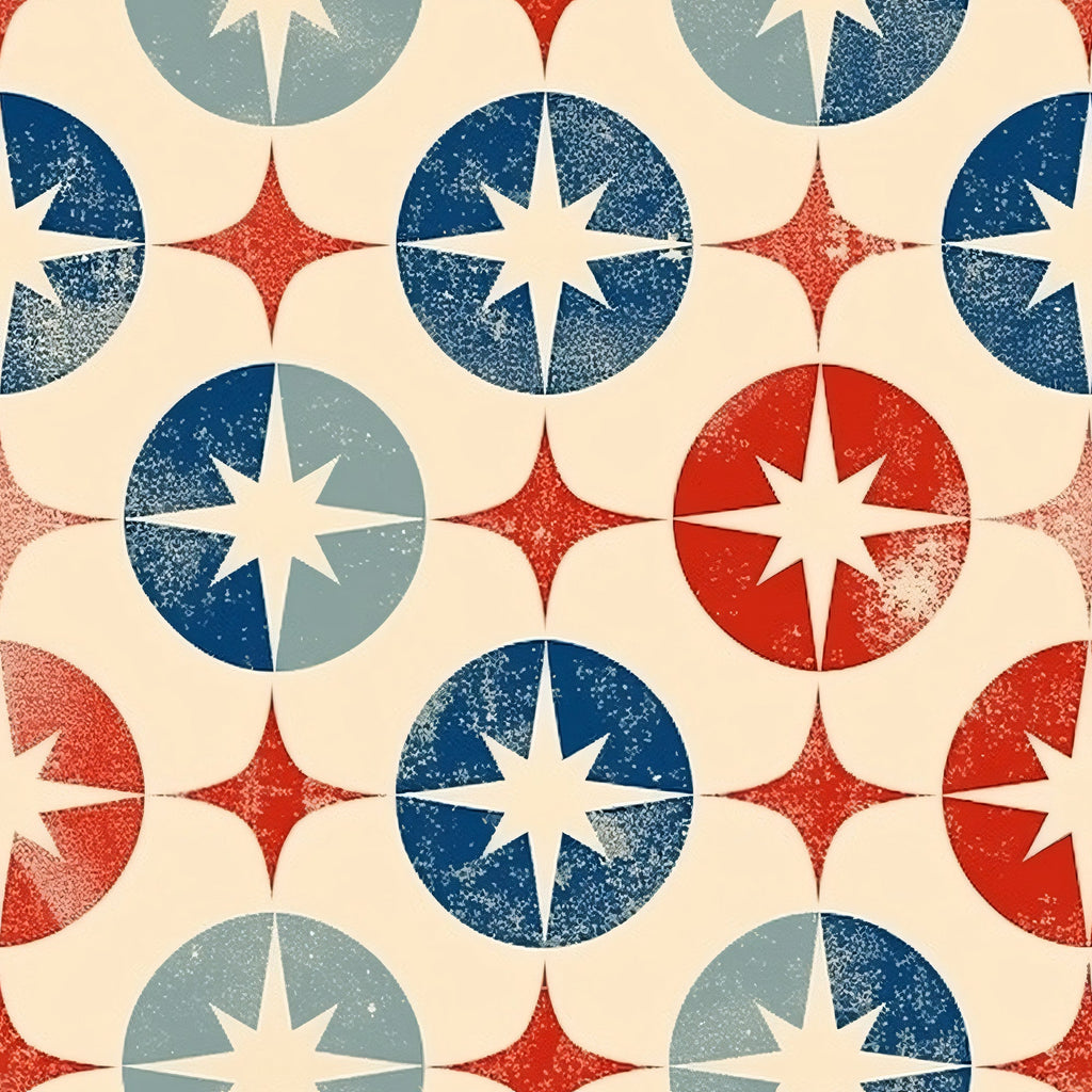 red, white, blue, navy blue, cream, beige, stars, compass rose, geometric pattern, circles, distressed texture, vintage look, patriotic theme, americana,, fabric panel, repeating motif, weathered effect, nautical stars, retro style