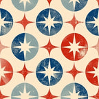 red, white, blue, navy blue, cream, beige, stars, compass rose, geometric pattern, circles, distressed texture, vintage look, patriotic theme, americana,, fabric panel, repeating motif, weathered effect, nautical stars, retro style