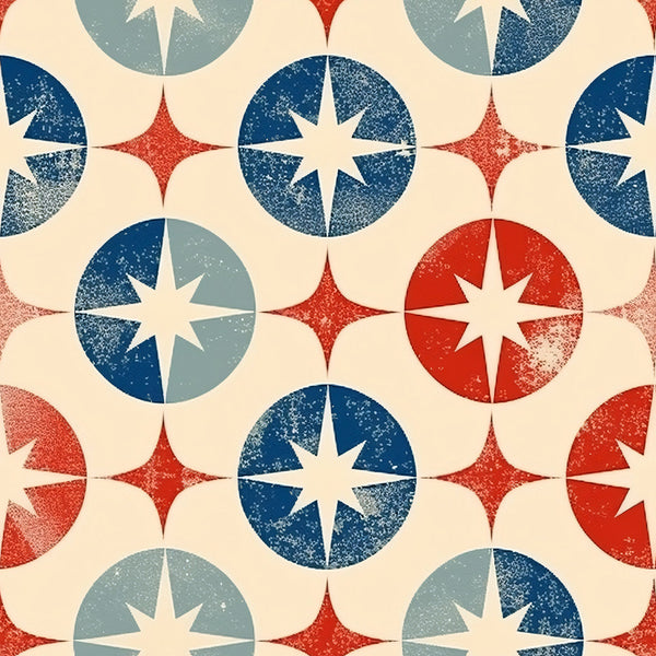 red, white, blue, navy blue, cream, beige, stars, compass rose, geometric pattern, circles, distressed texture, vintage look, patriotic theme, americana,, fabric panel, repeating motif, weathered effect, nautical stars, retro style