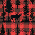 red, black, buffalo plaid, plaid pattern, moose silhouette, pine trees, evergreen trees, forest scene, woodland animals,, fabric panel, rustic style, outdoor theme, wildlife design, nature motif, cabin decor, hunting theme, masculine design, geometric pattern, winter scenery