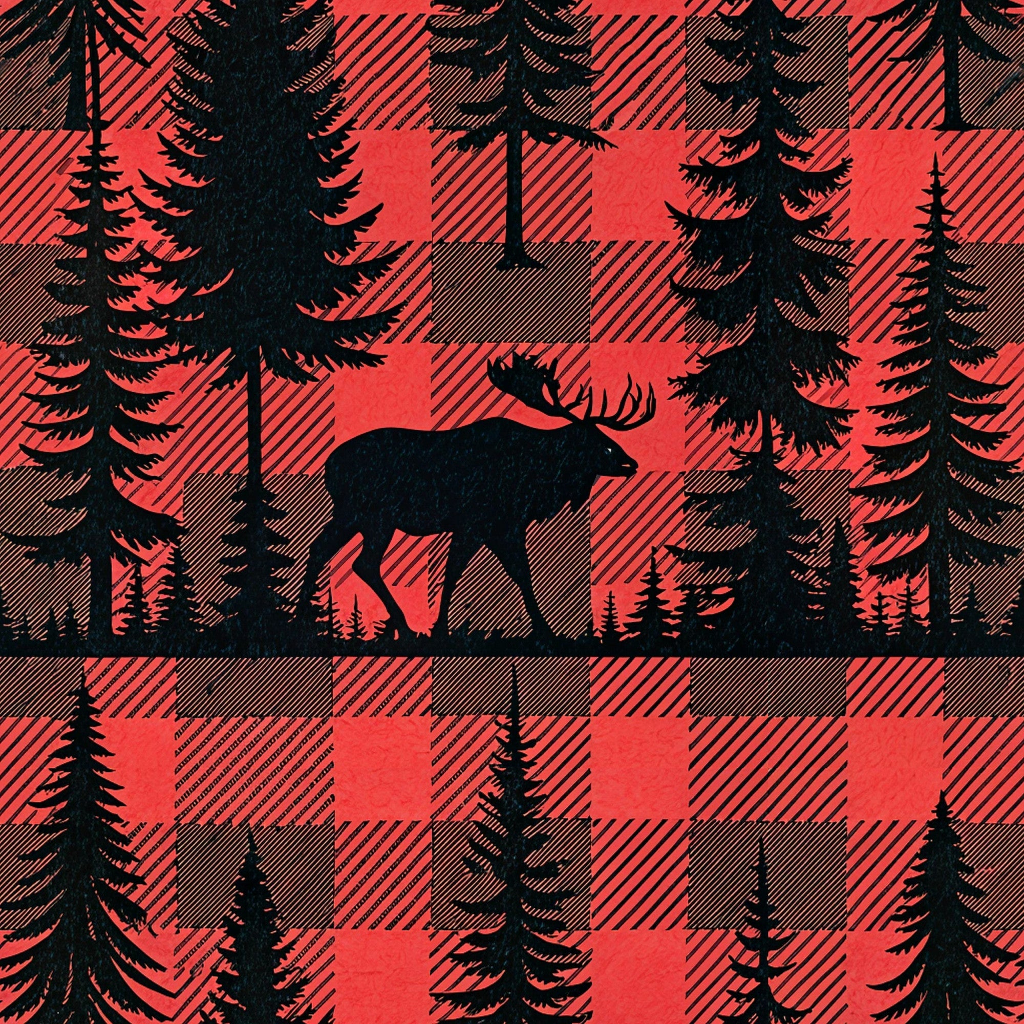 red, black, buffalo plaid, plaid pattern, moose silhouette, pine trees, evergreen trees, forest scene, woodland animals,, fabric panel, rustic style, outdoor theme, wildlife design, nature motif, cabin decor, hunting theme, masculine design, geometric pattern, winter scenery
