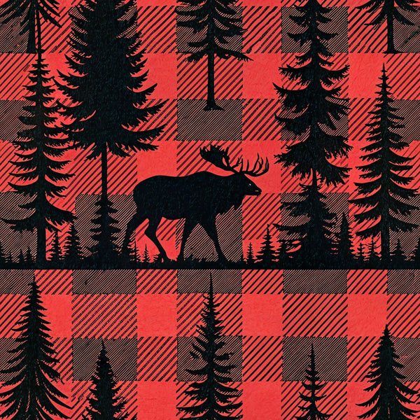 red, black, buffalo plaid, plaid pattern, moose silhouette, pine trees, evergreen trees, forest scene, woodland animals,, fabric panel, rustic style, outdoor theme, wildlife design, nature motif, cabin decor, hunting theme, masculine design, geometric pattern, winter scenery