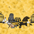 golden yellow, honey yellow, amber, hexagonal patterns, owl, dark gray owl, wizard hat, potion bottles, magical elements, quill feather, birdcage, candlestick, envelope, round glasses, mystical scene, whimsical illustration, magical school,, fabric panel, enchanted theme, wizardry motifs
