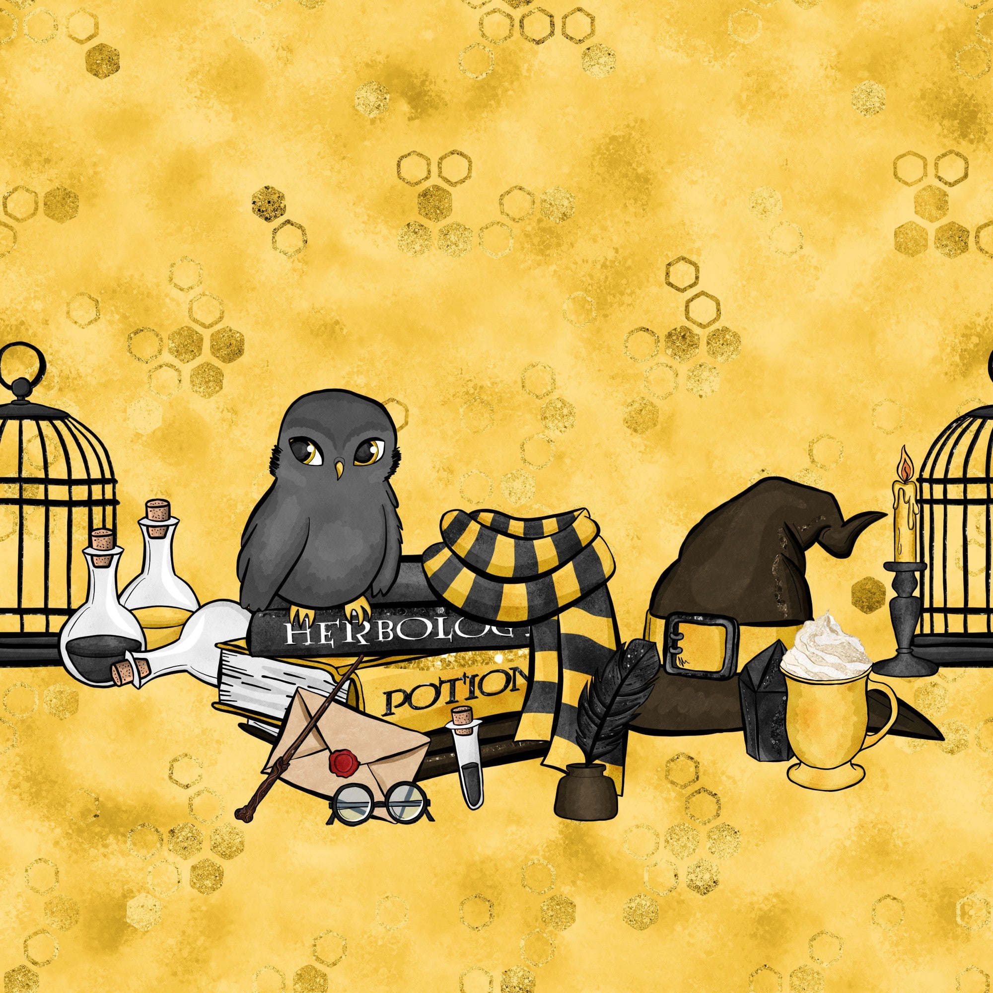golden yellow, honey yellow, amber, hexagonal patterns, owl, dark gray owl, wizard hat, potion bottles, magical elements, quill feather, birdcage, candlestick, envelope, round glasses, mystical scene, whimsical illustration, magical school,, fabric panel, enchanted theme, wizardry motifs