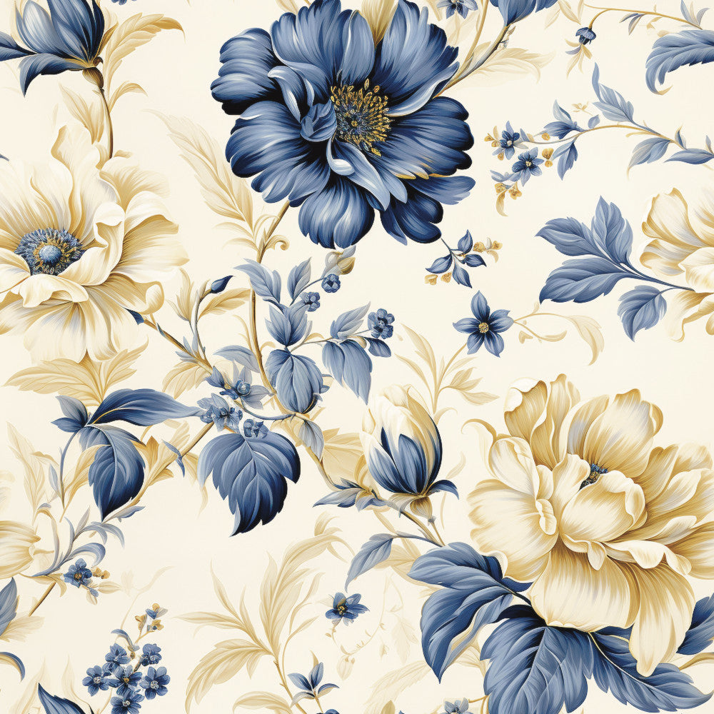 navy blue floral, cream and blue, gold accents, large blooms, botanical print, vintage floral, traditional pattern, elegant design, classic flowers, dahlias, blue and cream, pale yellow, soft colors, spring flowers, summer garden, nature inspired, timeless style, romantic floral, ornate petals, garden theme, delicate leaves, beige and blue, sophisticated print, traditional botanical, cottage core, feminine design