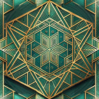 emerald green, gold accents, geometric pattern, art deco style, hexagonal design, symmetrical motifs, luxury aesthetic, metallic elements,, fabric panel, sophisticated design, angular shapes, dimensional appearance, teal background, ornate details, repeating pattern, modern geometric, decorative elements, jewel tones