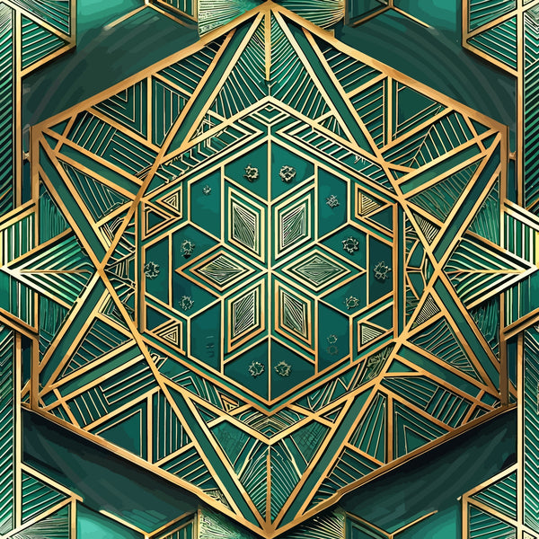 emerald green, gold accents, geometric pattern, art deco style, hexagonal design, symmetrical motifs, luxury aesthetic, metallic elements,, fabric panel, sophisticated design, angular shapes, dimensional appearance, teal background, ornate details, repeating pattern, modern geometric, decorative elements, jewel tones