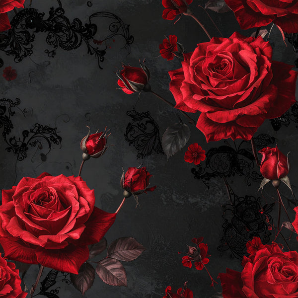 red roses, deep red, black background, floral pattern, gothic style, vintage floral, romantic, elegant, dark romantic, rose motifs, ornamental scrolls, damask, dramatic, luxurious, bold red, crimson, wine red, nature theme, botanical, decorative flourishes, classic elegance, sophisticated, moody aesthetic, valentine's theme, wedding, formal, timeless design, ornate details