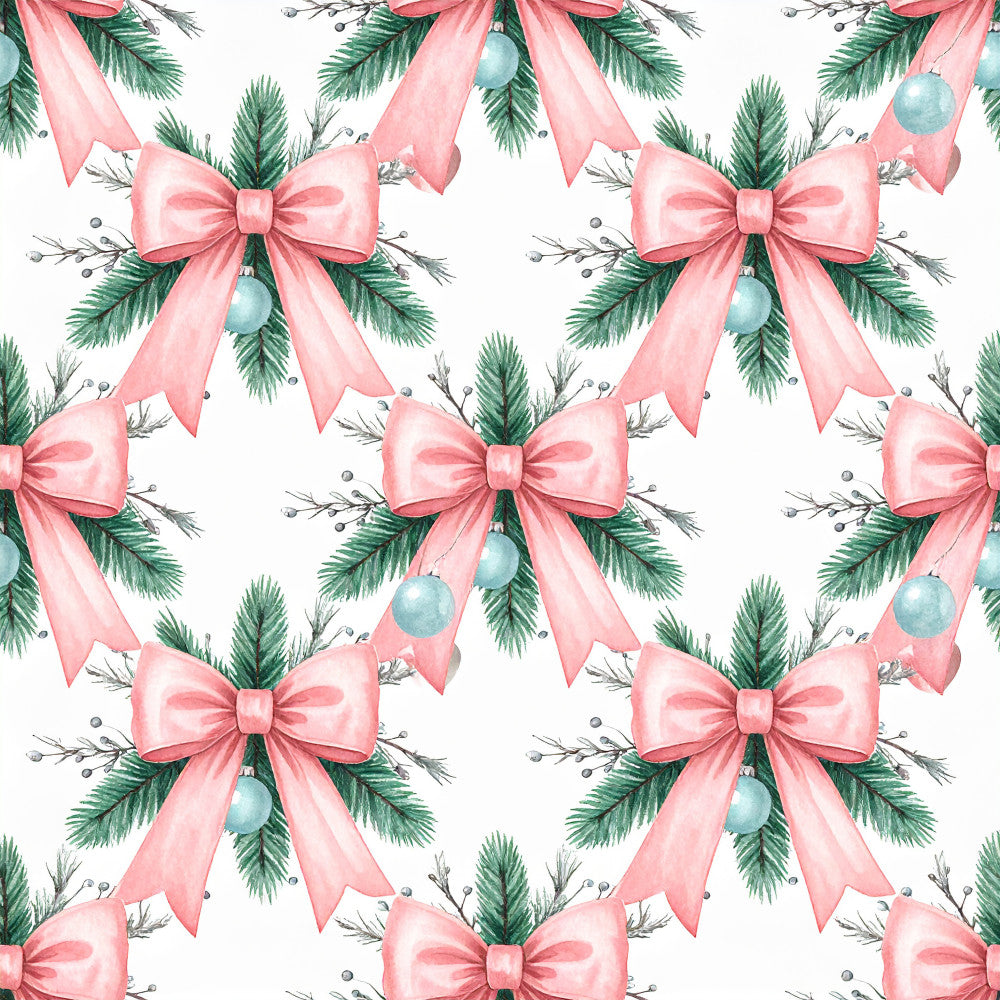 coral pink, dusty rose, sage green, evergreen, blue-gray, pale blue, festive, holiday, christmas, winter, bows, ribbons, pine branches, berry sprigs, elegant, whimsical, traditional, nature, botanical, seasonal, gift wrapping, feminine, romantic, nursery, baby shower, kids room, playroom, decorative bows, soft pastels, refined