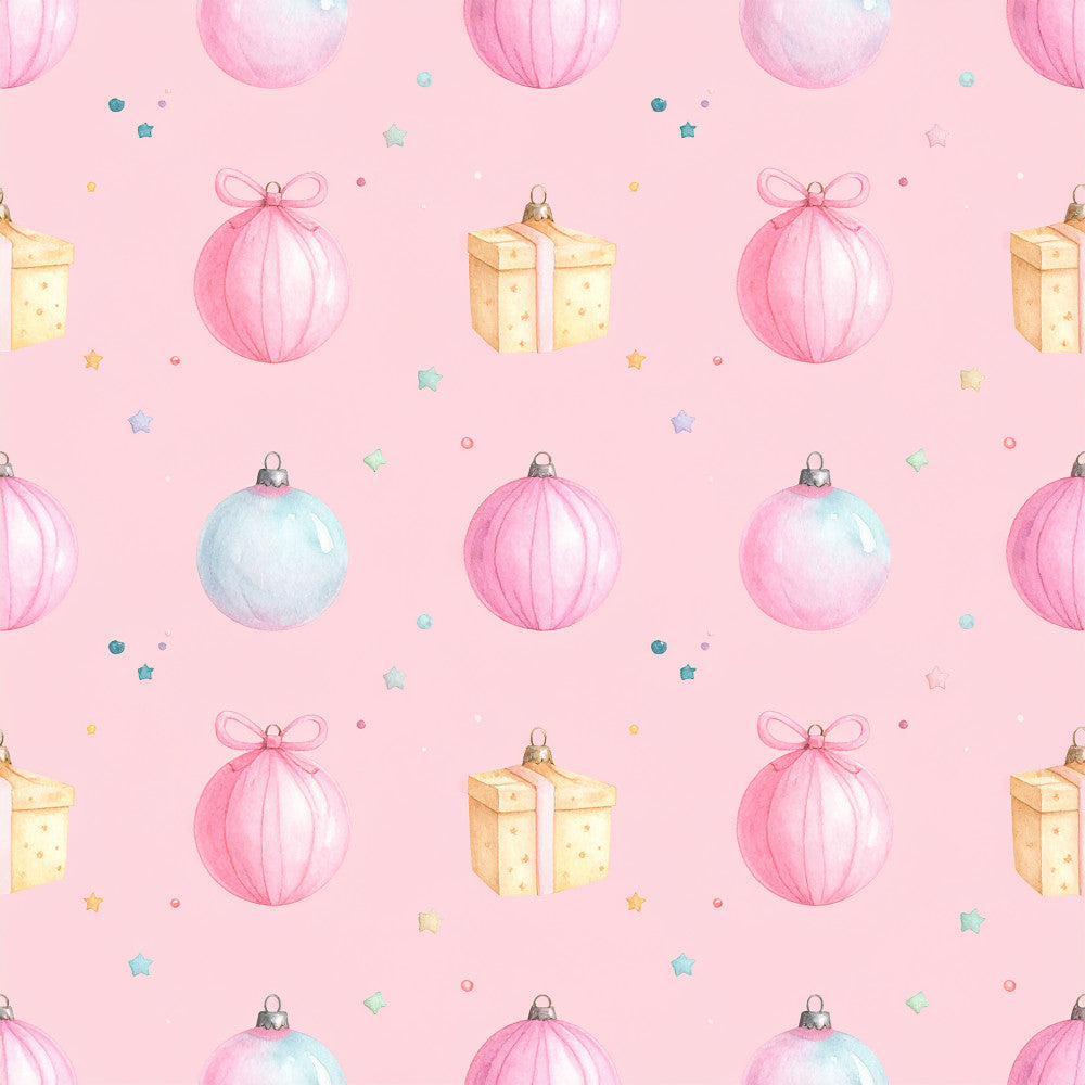 pastel pink, soft pink, blush pink, pale blue, baby blue, gold, cream, light yellow, christmas ornaments, holiday, festive, baubles, gift boxes, bows, stars, whimsical, playful, elegant, vintage, cheerful, nursery, baby shower, kids room, children's, celebration, decorative, winter holiday, festive season, sweet, delicate
