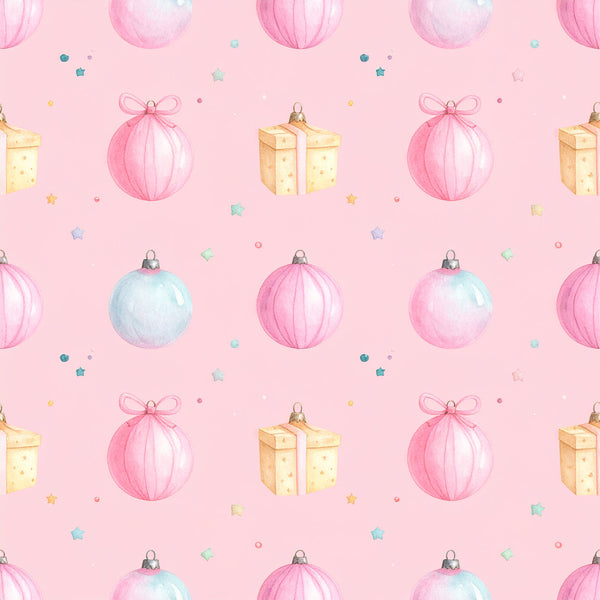 pastel pink, soft pink, blush pink, pale blue, baby blue, gold, cream, light yellow, christmas ornaments, holiday, festive, baubles, gift boxes, bows, stars, whimsical, playful, elegant, vintage, cheerful, nursery, baby shower, kids room, children's, celebration, decorative, winter holiday, festive season, sweet, delicate