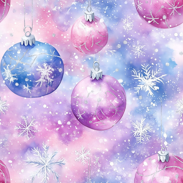 pastel pink, soft purple, lavender, periwinkle blue, baby blue, gradient watercolor, ornaments, baubles, snowflakes, winter, christmas, holiday, festive, elegant, whimsical, sparkly, glitter, shimmering, metallic accents, soft colors, dreamy, magical, celestial, seasonal, children's, kids room, nursery, girl's room