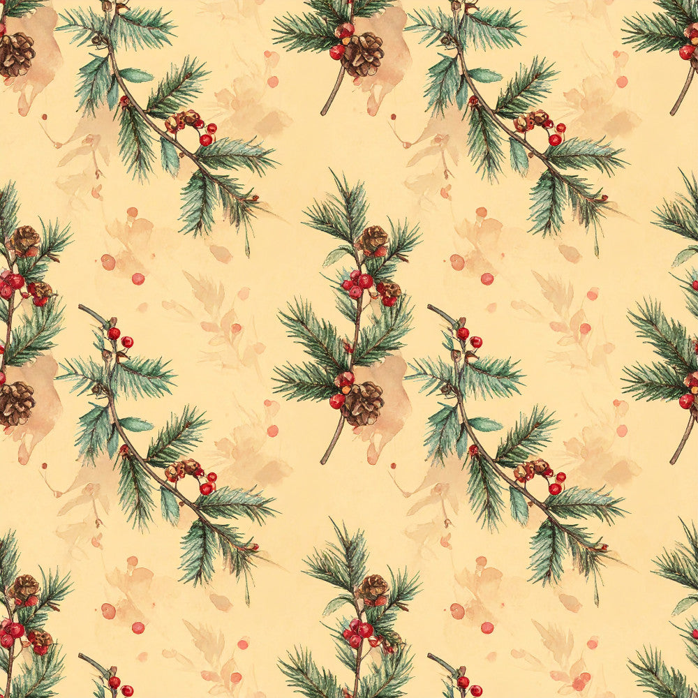 cream background, sage green, forest green, dusty rose, burgundy red, brown pinecones, watercolor style, botanical, nature, holiday, christmas, winter, evergreen branches, red berries, pinecones, rustic, vintage, elegant, traditional, festive, seasonal, nursery, baby, children's decor, soft aesthetic, natural elements, coniferous, woodland, cozy, classic holiday