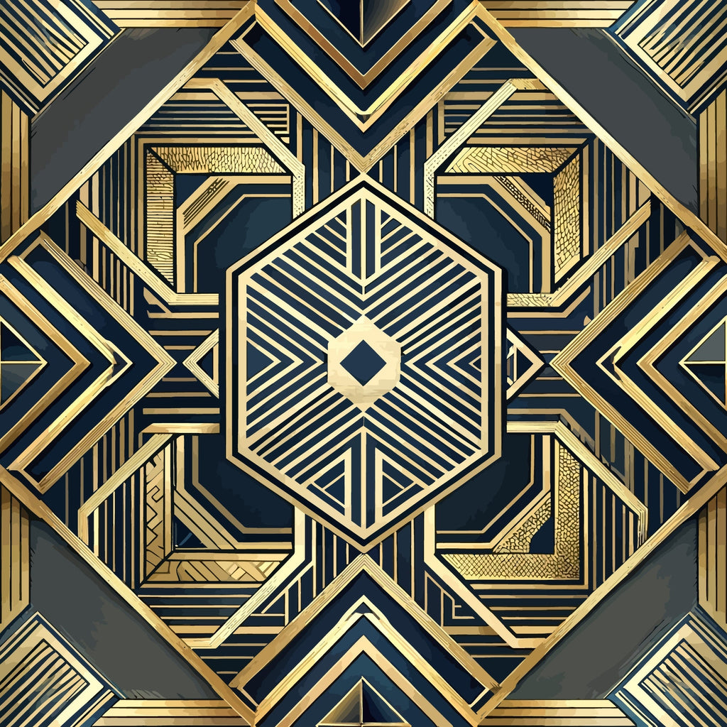 art deco, geometric pattern, gold metallic, navy blue, charcoal gray, hexagonal design, linear details, symmetrical motif, vintage style,, fabric panel, luxurious appearance, ornate borders, angular shapes, decorative elements, sophisticated design, repetitive pattern, dimensional effect