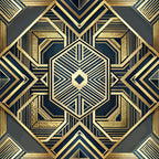 art deco, geometric pattern, gold metallic, navy blue, charcoal gray, hexagonal design, linear details, symmetrical motif, vintage style,, fabric panel, luxurious appearance, ornate borders, angular shapes, decorative elements, sophisticated design, repetitive pattern, dimensional effect