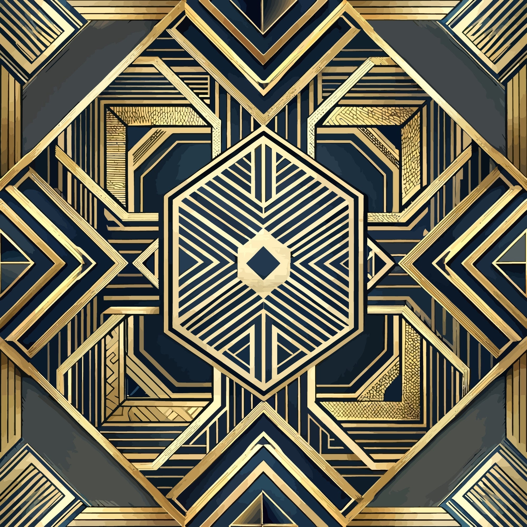art deco, geometric pattern, gold metallic, navy blue, charcoal gray, hexagonal design, linear details, symmetrical motif, vintage style,, fabric panel, luxurious appearance, ornate borders, angular shapes, decorative elements, sophisticated design, repetitive pattern, dimensional effect