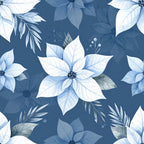 navy blue, white flowers, light blue, floral pattern, botanical, nature-inspired, elegant, modern, poinsettia, star flowers, delicate leaves, winter florals, soft blue tones, sophisticated, contemporary, peaceful, calming, decorative petals, feathery leaves, berries, botanical illustration, serene, refined, cool tones, winter botanicals, festive florals, christmas aesthetic, timeless design