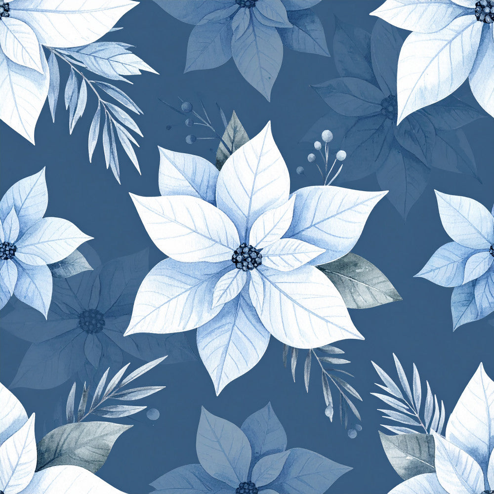navy blue, white flowers, light blue, floral pattern, botanical, nature-inspired, elegant, modern, poinsettia, star flowers, delicate leaves, winter florals, soft blue tones, sophisticated, contemporary, peaceful, calming, decorative petals, feathery leaves, berries, botanical illustration, serene, refined, cool tones, winter botanicals, festive florals, christmas aesthetic, timeless design