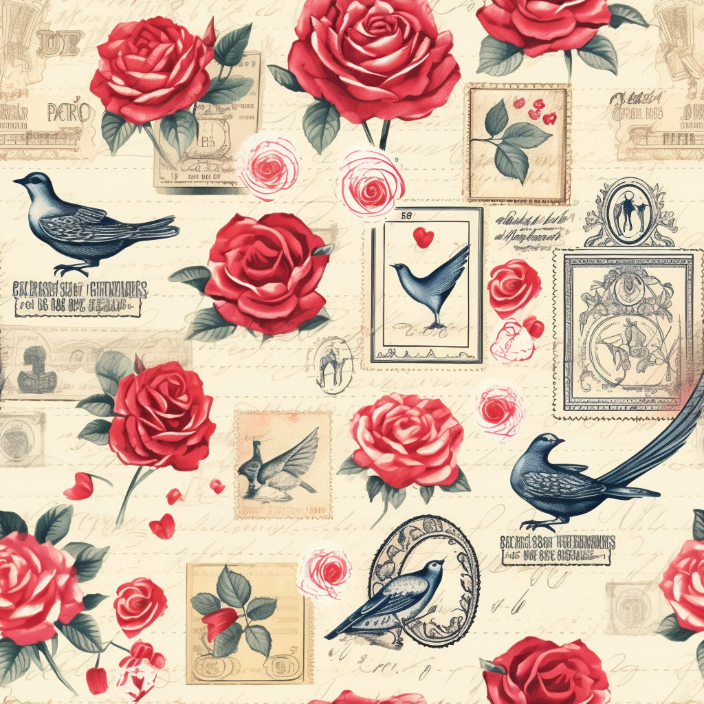 cream background, red roses, pink roses, vintage birds, postage stamps, romantic florals, antique style, love theme,, fabric panel, dusty blue birds, rose petals, postal elements, shabby chic, victorian inspired, floral motifs, vintage ephemera, cottage core, romantic pattern, botanical design