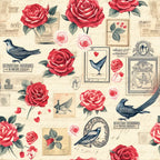 cream background, red roses, pink roses, vintage birds, postage stamps, romantic florals, antique style, love theme,, fabric panel, dusty blue birds, rose petals, postal elements, shabby chic, victorian inspired, floral motifs, vintage ephemera, cottage core, romantic pattern, botanical design