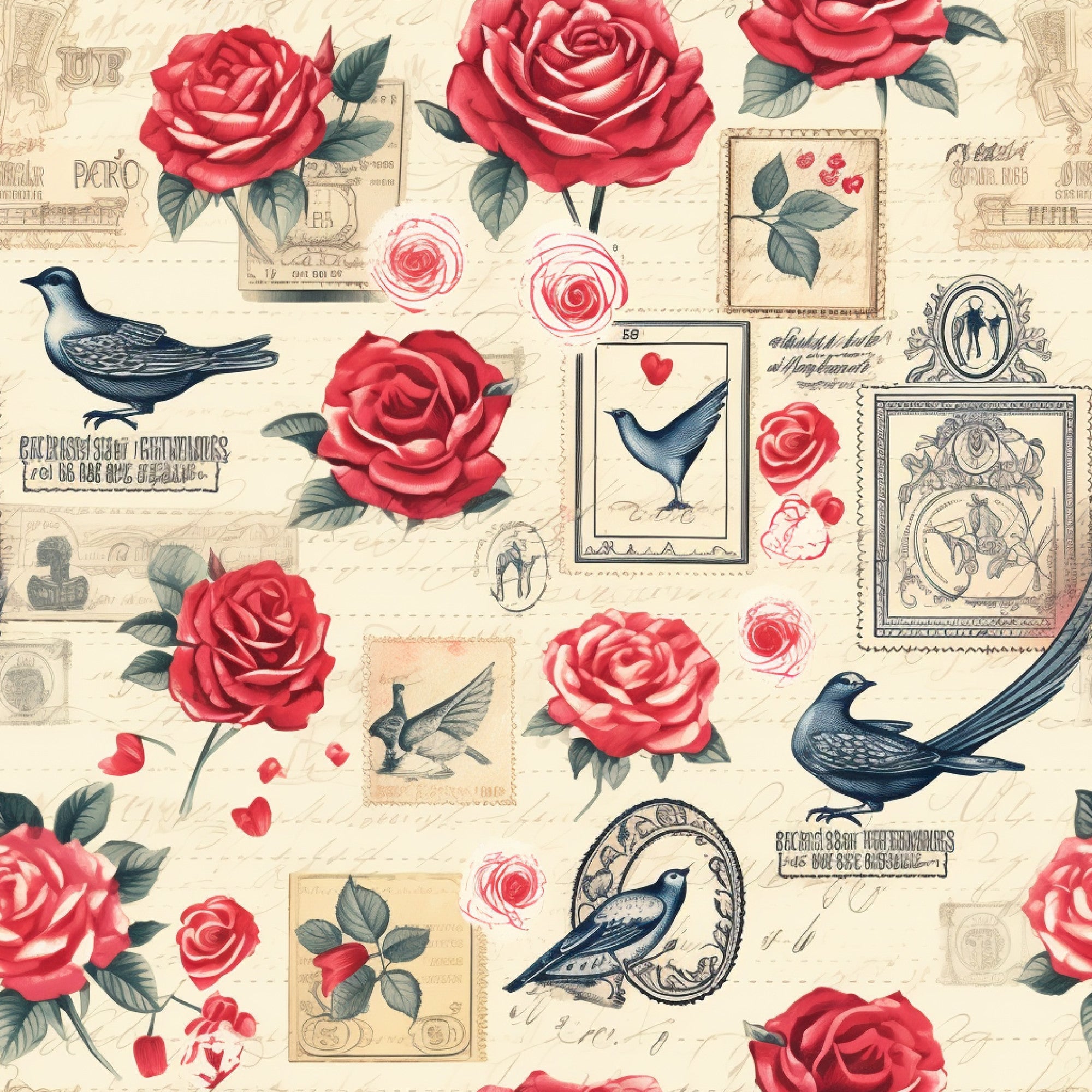 cream background, red roses, pink roses, vintage birds, postage stamps, romantic florals, antique style, love theme,, fabric panel, dusty blue birds, rose petals, postal elements, shabby chic, victorian inspired, floral motifs, vintage ephemera, cottage core, romantic pattern, botanical design